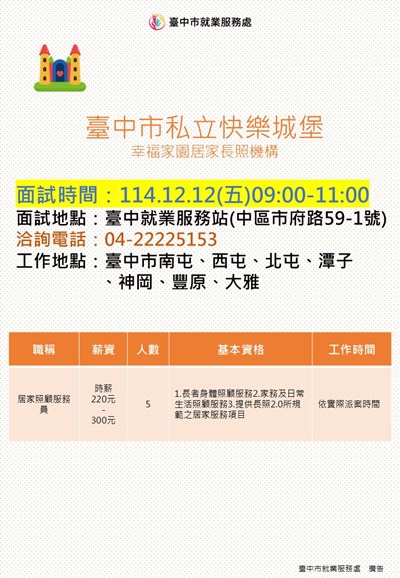 1212臺中市私立快樂城堡幸福家園居家長照機構