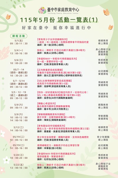 臺中市家庭教育中心115年5月份活動一覽表-1